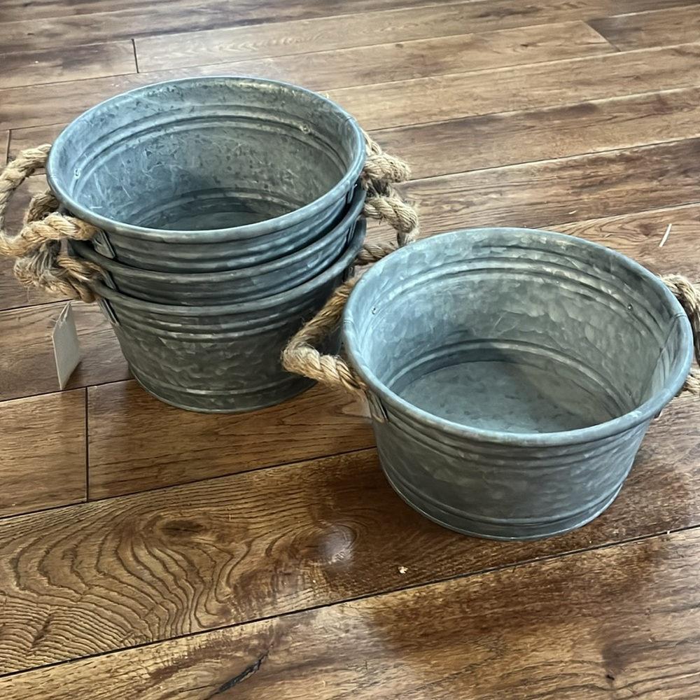 NEW! Galvanized Metal Buckets with Rope Handles- Set of Four